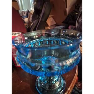 Vintage INDIANA Kings Crown Aqua Blue Glass Thumbprint Pedestal Compote Dish